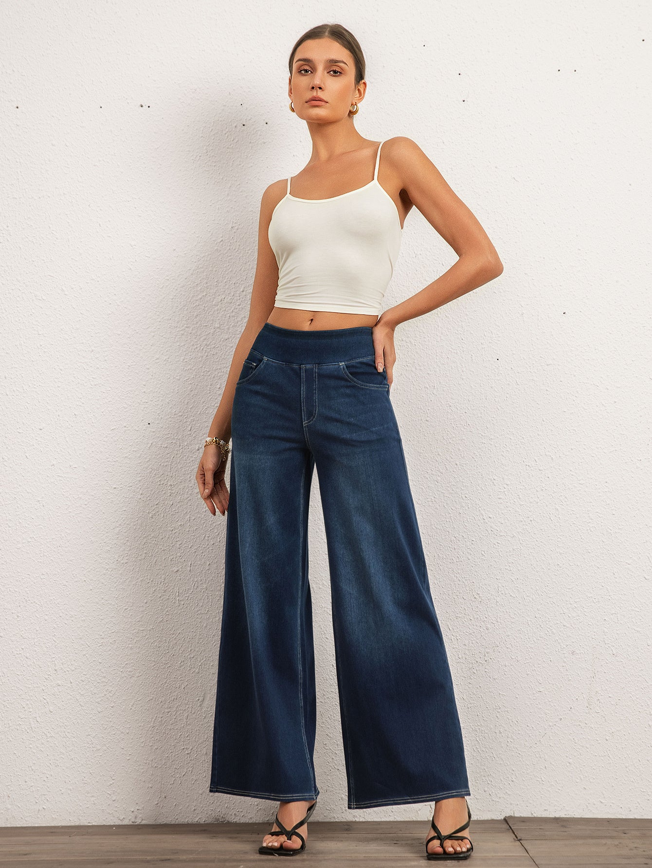 Shascullfites High Waist Straight Jeans For Women Stretchy Dark Blue Casual Loose Wide Leg Trousers