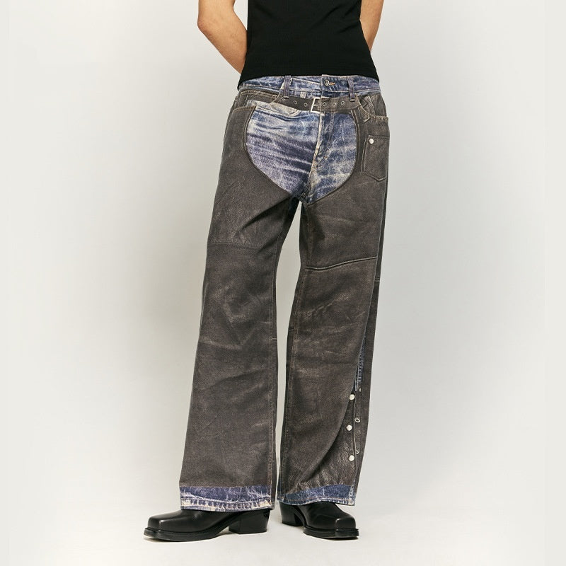 Leather Patchwork Digital Printing Jeans Brand Wide Leg Jeans