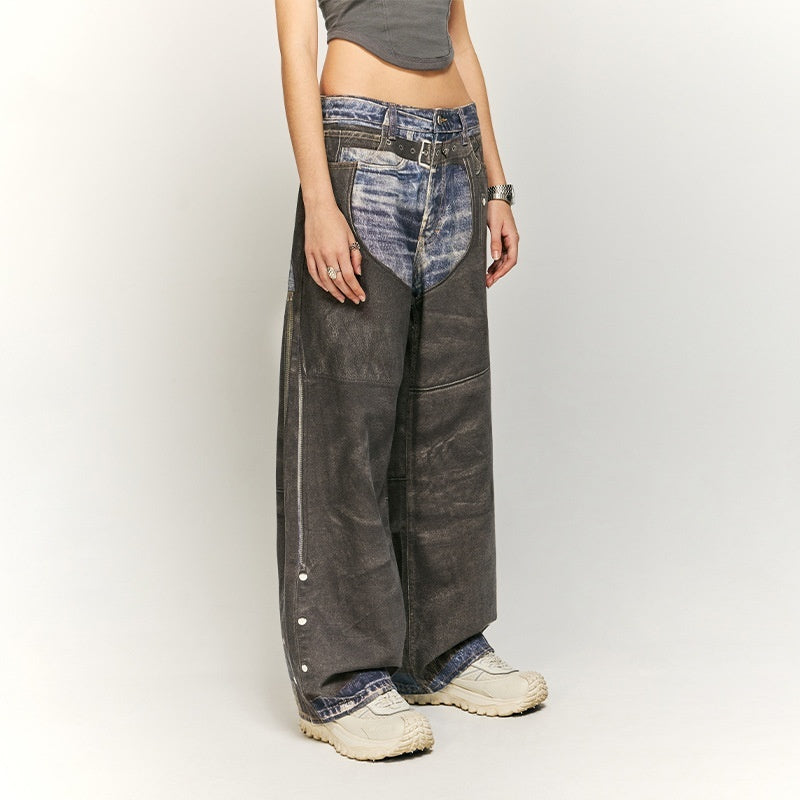 Leather Patchwork Digital Printing Jeans Brand Wide Leg Jeans