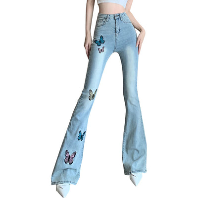 Printed Butterfly Slightly Flared Jeans Female