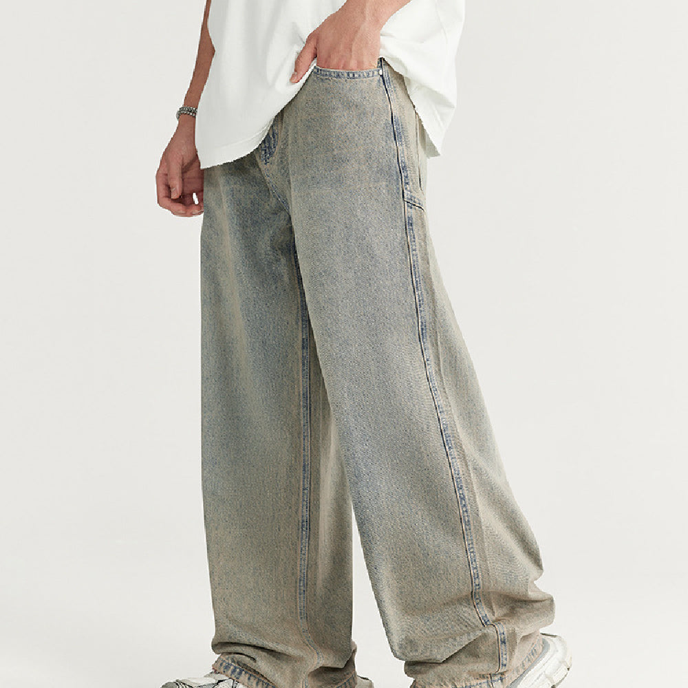 Men's Loose Light Blue Washed Wide-leg Jeans