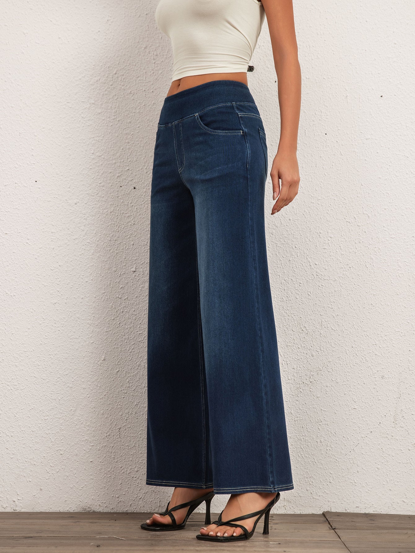 Shascullfites High Waist Straight Jeans For Women Stretchy Dark Blue Casual Loose Wide Leg Trousers