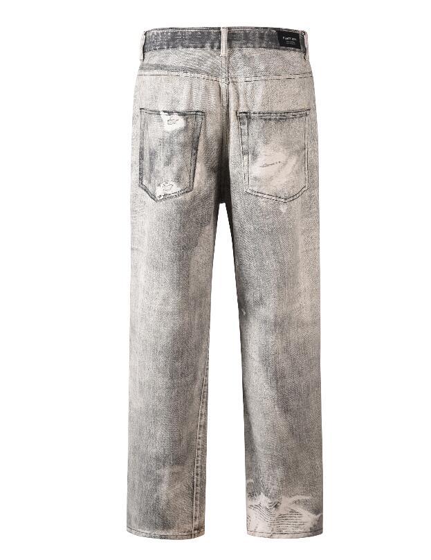 Men's Daddy Pants Ground White Gray Wash Hole With Cat Whisker Jeans