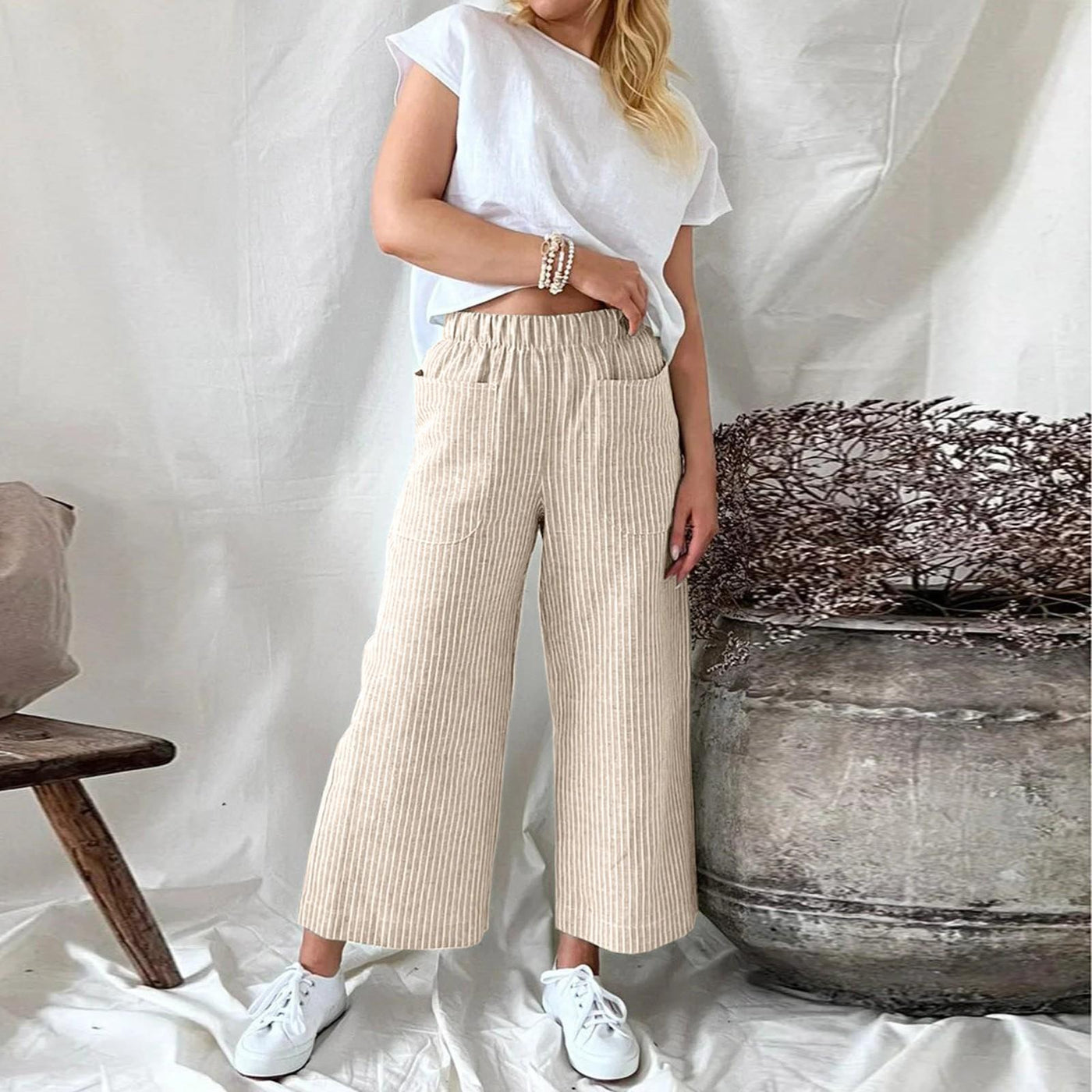 Loose Striped Cotton And Linen Fashion Casual Wide-leg Pants