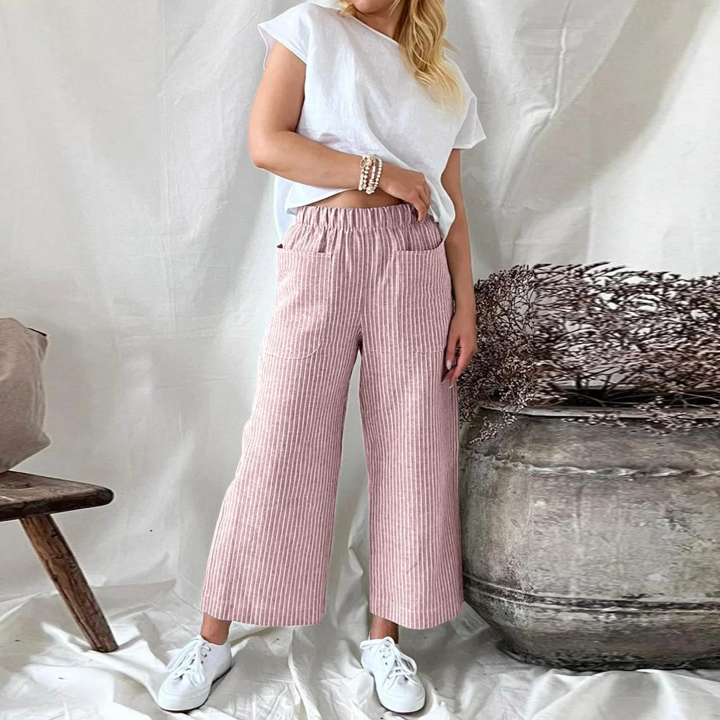 Loose Striped Cotton And Linen Fashion Casual Wide-leg Pants