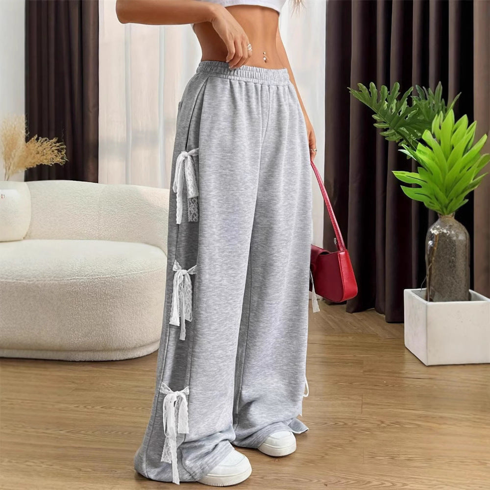 European And American Fashion Street Fashion Bow Lace Stitching Personality Wide Leg Pants