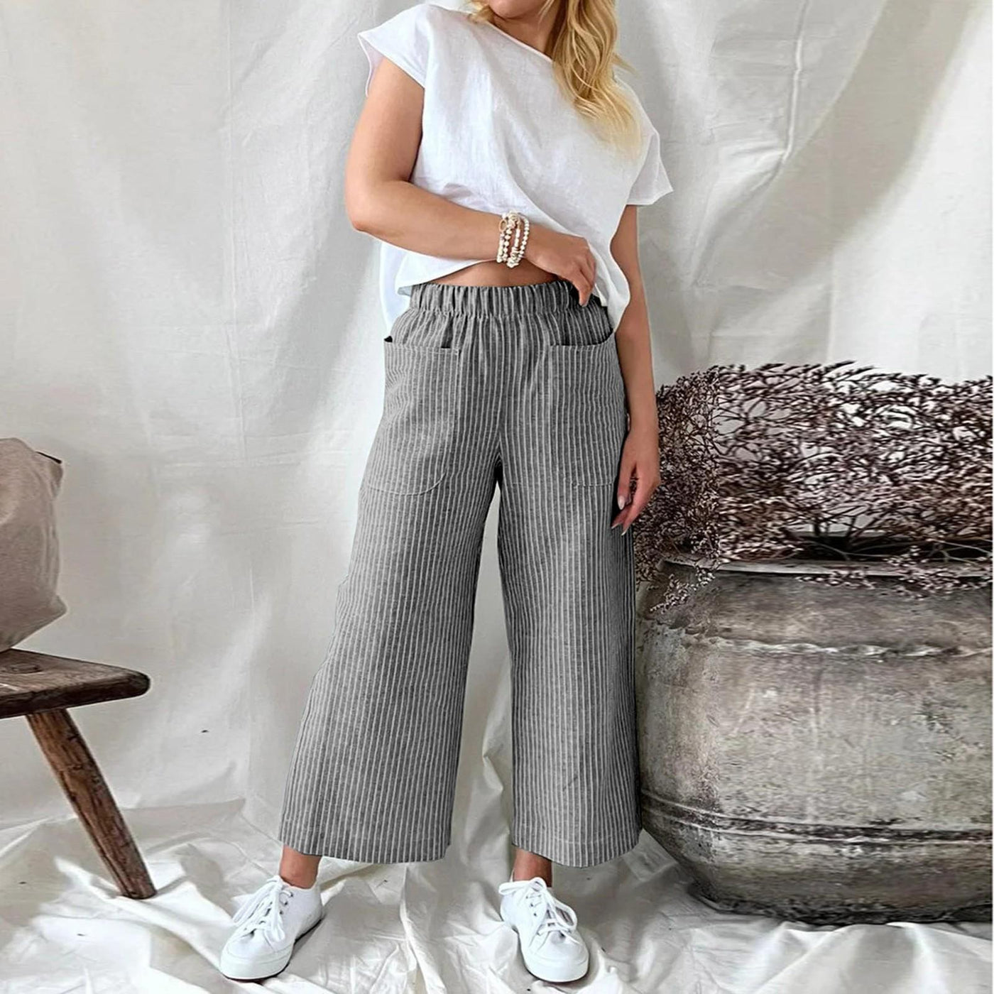 Loose Striped Cotton And Linen Fashion Casual Wide-leg Pants