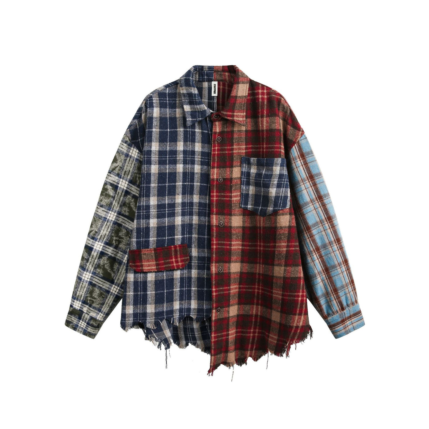 American Retro Loose Plaid Stitching Design Long Sleeve Shirt