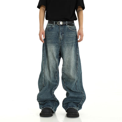 Men's Patchwork Jeans Washed Loose Drooping Wide-leg Straight Trousers