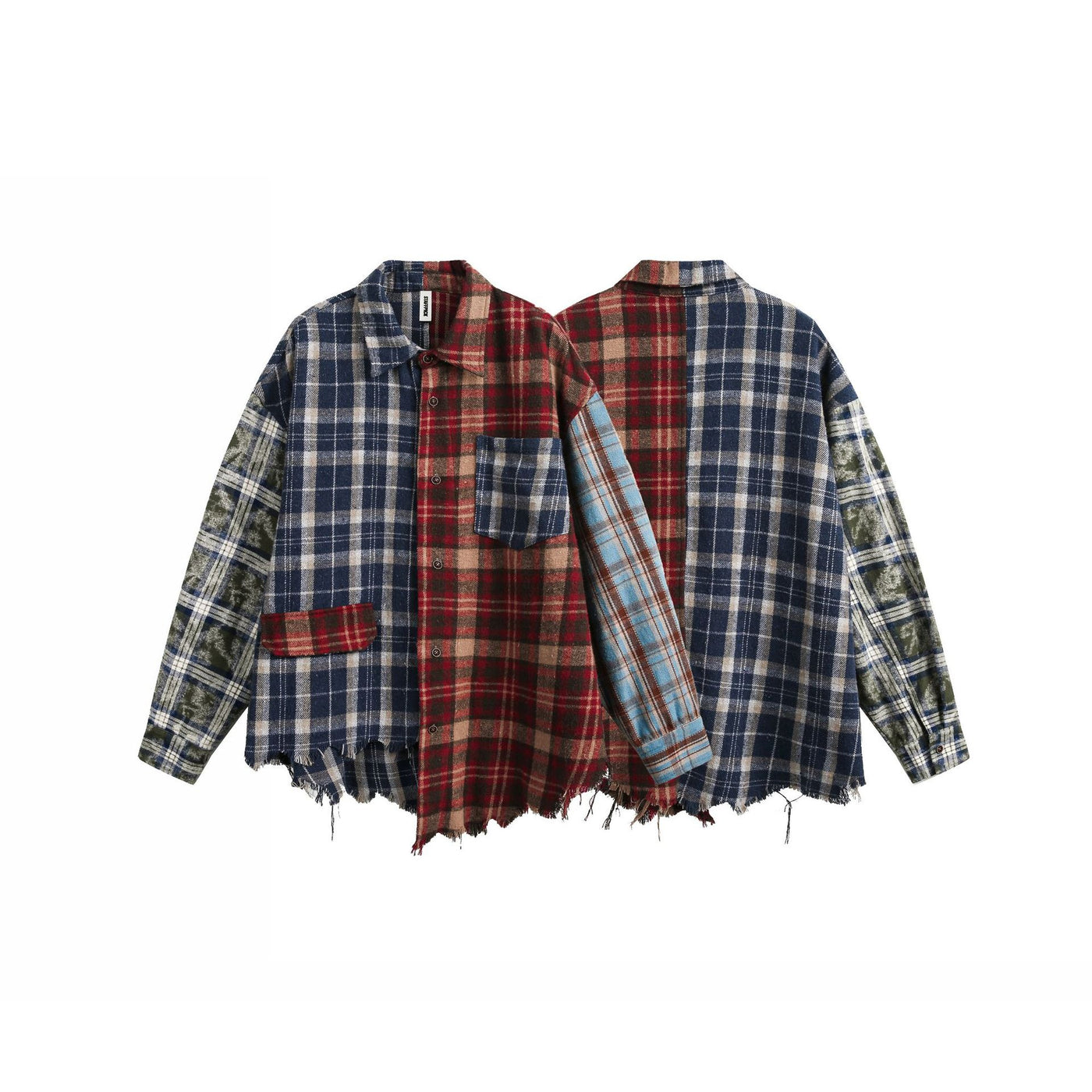 American Retro Loose Plaid Stitching Design Long Sleeve Shirt