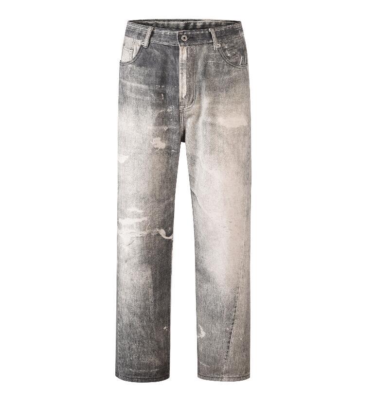 Men's Daddy Pants Ground White Gray Wash Hole With Cat Whisker Jeans