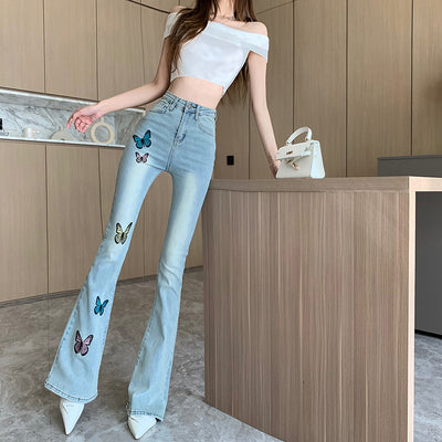 Printed Butterfly Slightly Flared Jeans Female